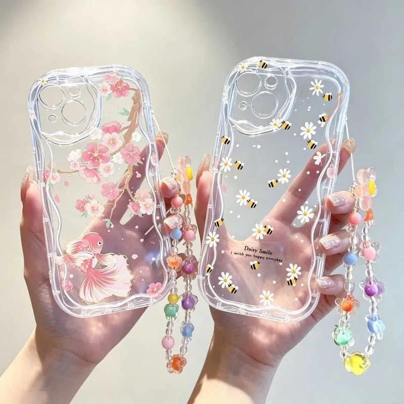 Cute Cartoon Wrist Strap Silicone Case - Niedliche Blumen-Handgelenkschlaufe mit Bienen-Motiv für Realme