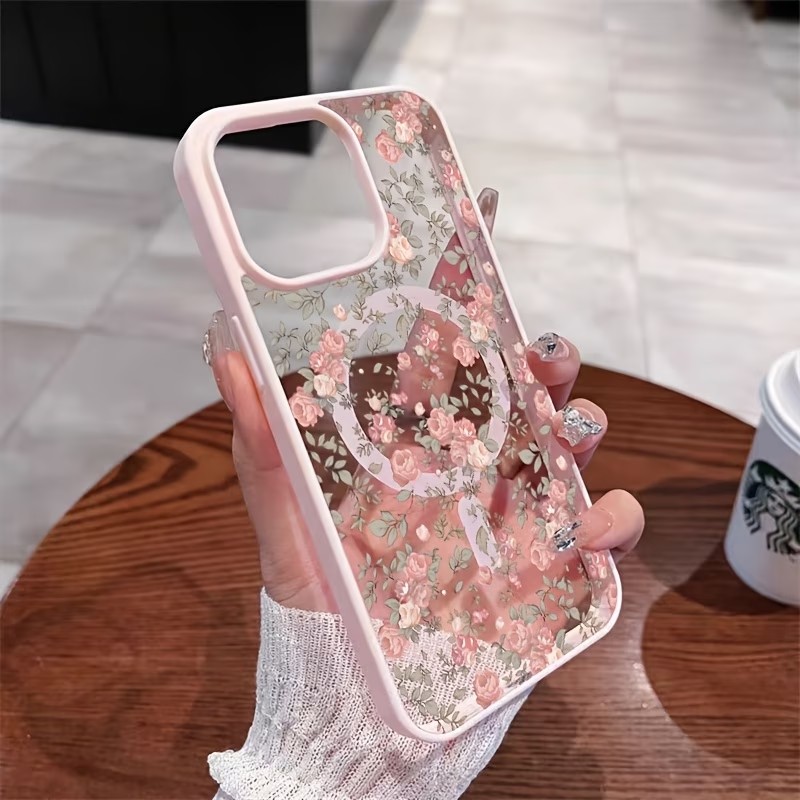 Clear Shockproof Bumper Case - Rosa Tiny Rose Transparente Magnetische Handyhülle